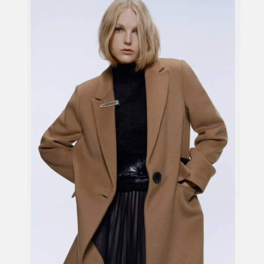 Zara Camel Masculine Wool Single Breasted Coat sz Large